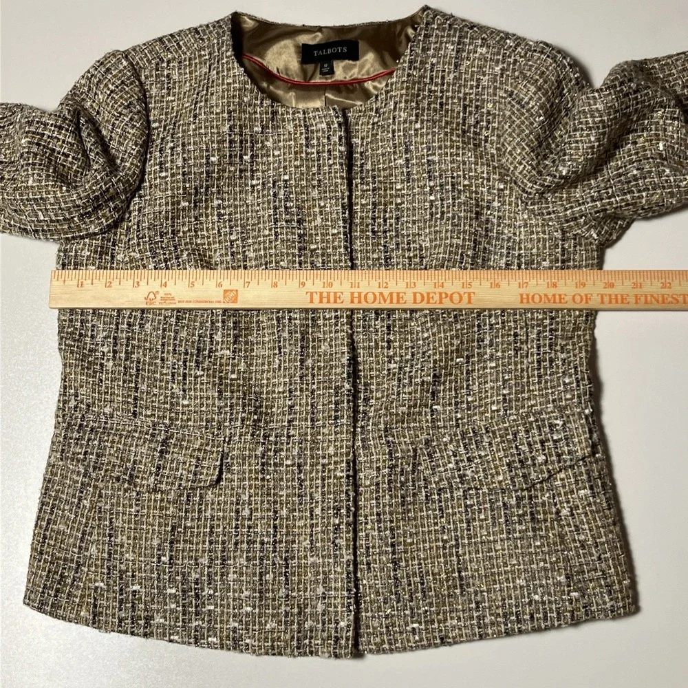 Talbots Tweed Jacket Size 12 Brown & Metallic Woven Full Zip Lined Career Blazer